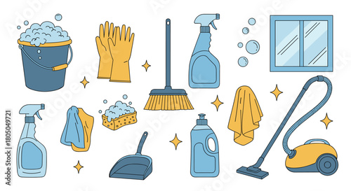 A colorful collection of cleaning supplies and tools used for household chores.