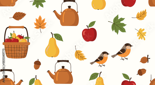 A cozy autumn scene with teapots pears apples birds and falling leaves.