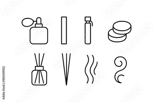 Minimalist line icons of fragrance and beauty products overview