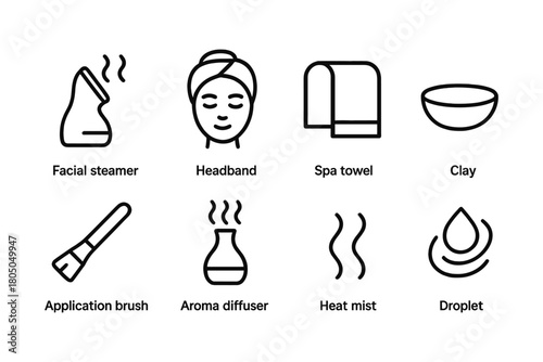 Minimalist spa icons: steamer, headband, and more for perfect relaxation routine