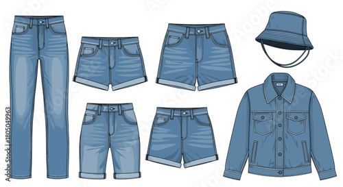 A collection of light blue denim garments including jeans shorts and a jacket.