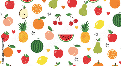 A vibrant pixel art pattern featuring a delightful assortment of fresh and juicy fruits.
