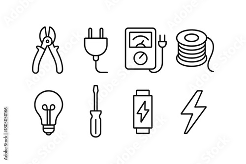 Electrical tools and devices icons set in simple linear style