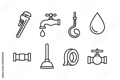 Plumbing tools and icons set in minimalist linear style