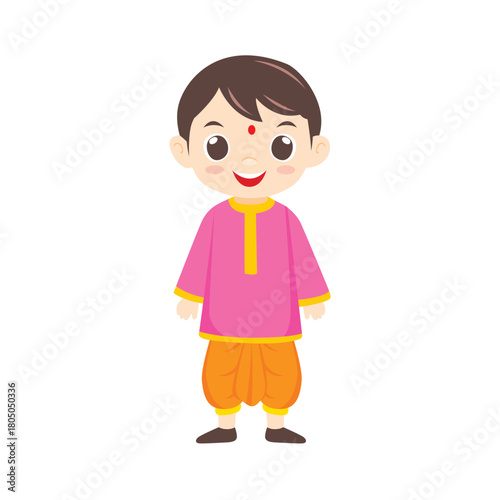 Vector flat illustration. Malaysian Indian boy wearing traditional attire called Dothi