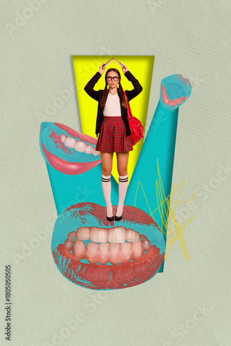 Obraz na plátně Collage of woman jumping among exaggerated mouths symbolizing gossip rumors loud