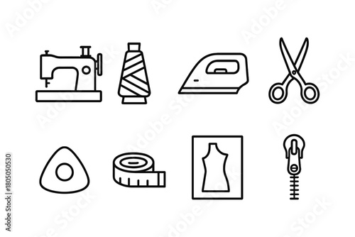 Essential sewing tools icons: machines, thread, scissors, and more in linear style