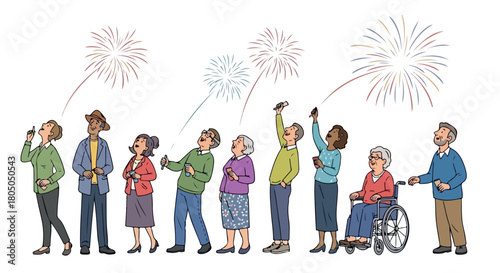 Group of seniors celebrating fireworks display