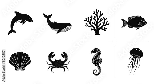 Marine life silhouettes: dolphin, whale, seahorse, coral, fish, crab, jellyfish, shell