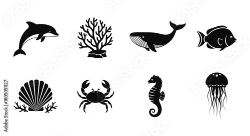 Marine life silhouettes: dolphin, whale, seahorse, and more sea creatures