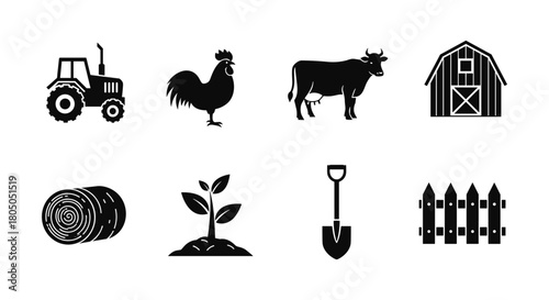 Silhouette farm icons: tractor, rooster, cow, barn, hay, plant, shovel, fence