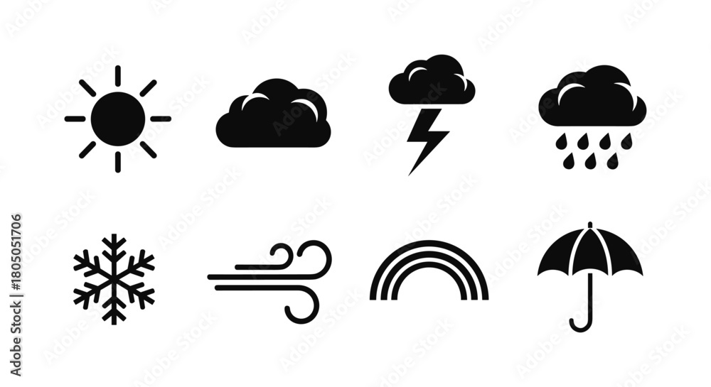 Fototapeta premium Minimalist weather icons set: sun, cloud, lightning, rain, snow, wind, rainbow, umbrella