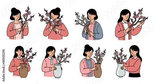 Woman arranging flowers in vases, various poses