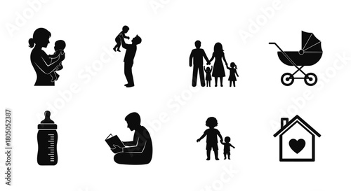 Family silhouettes: parenting, children and home icons in black and white