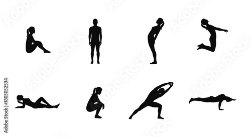 Silhouette set: diverse yoga and exercise poses on white background