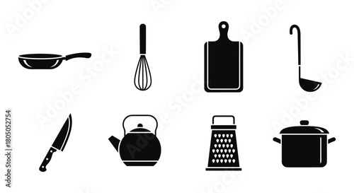 Silhouette kitchen utensils set: pan, whisk, cutting board, and more