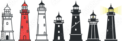 Set of seven lighthouses with different designs and one illuminated beam on a white background Keywords: lighthouse, beacon, navigation, maritime, coast, sea, ocean, tower, 