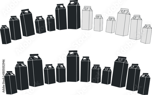 Two arcs of milk cartons in different sizes and colors on a white background beverage container packaging 