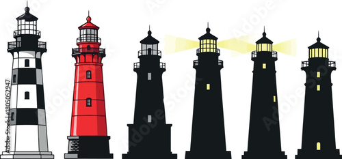 Collection of Six Lighthouses in Various Styles and Colors beacon maritime 