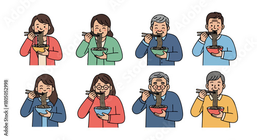 People eating ramen noodles with happy expressions