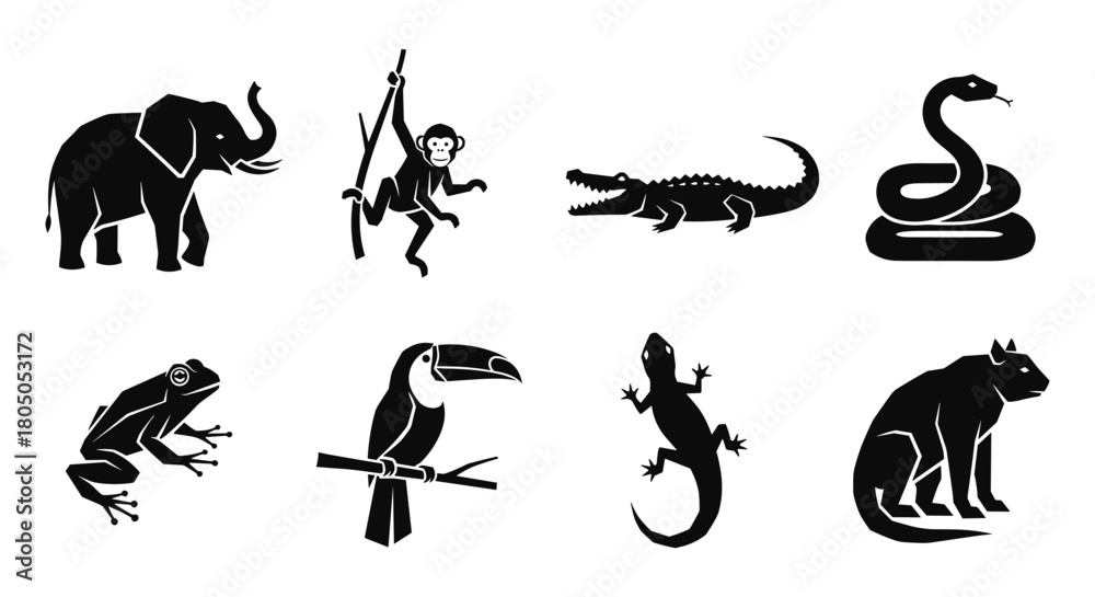 Naklejka premium Wild animal silhouettes: elephant, monkey, crocodile, snake, frog, toucan, lizard, panther