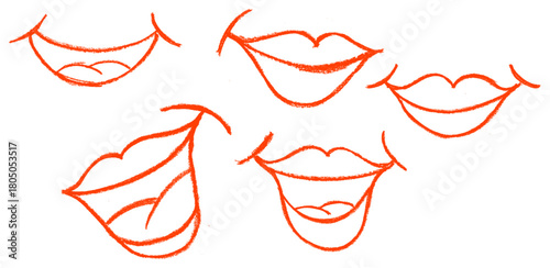 Female Lips Smile Crayon Chalk Drawing Doodle Vector Set