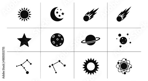 Minimalist celestial icons: sun, moon, stars, and planets in black and white