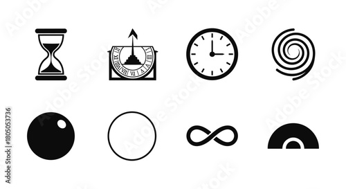 Minimalist time and geometry icons: clocks, spirals, circles, infinity