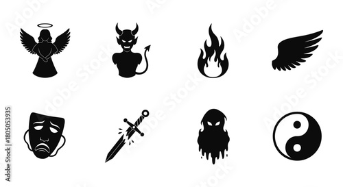 Silhouette icons of angel, devil, fire, wings, and yin yang for graphic design