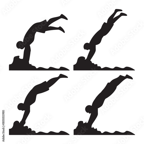 Silhouette stages of a swimmer diving into water with graceful motion and perfect form