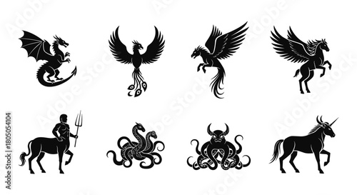 Mythical creature silhouettes: dragon, phoenix, pegasus, centaur, hydra, kraken, unicorn