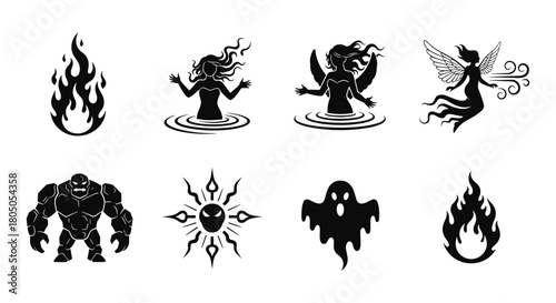 Spooky fantasy creatures and symbols in silhouette style for halloween design