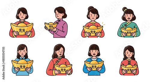 Asian women holding gold ingots with transparent background