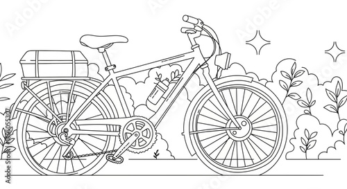 Line art illustration of an electric bicycle with a rack and water bottle web page desine