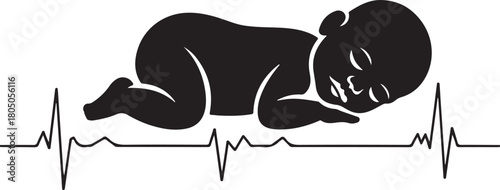 Sleeping newborn baby silhouette resting on a vital continuous heartbeat line, symbolizing life, health and care. Vector