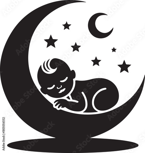 Baby sleeping peacefully on a crescent moon surrounded by stars and a smaller moon, serene dream concept Vector