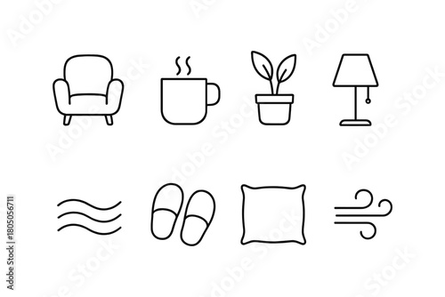 Minimalist home comfort: cozy icons for relaxed living spaces