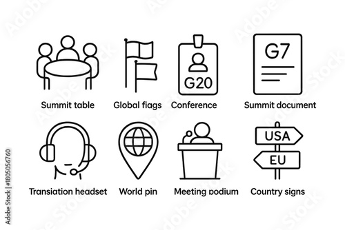 Global summit icons: conference, flags, headset, podium, and direction signs