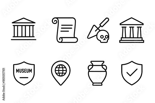 Archaeology icons set: ancient artifacts, historical monuments, and museum emblems