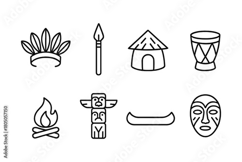 Linear tribal icons: traditional symbols and tools collection