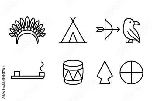 Native icons set: feather headdress, teepee, arrow, bird, pipe, drum, tree, medicine wheel