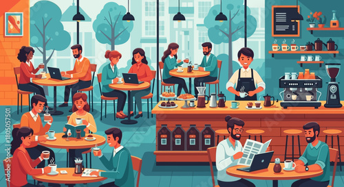 Coffee Shop Scene People working, socializing, and enjoying coffee, ideal for business and leisure