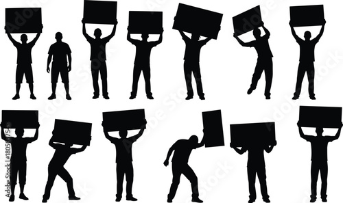 Protest silhouette set, people holding blank signs, crowd with placards, demonstration vector collection, isolated men.
