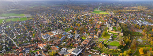An aerial panorama view above the old town of the city Bad Bendheim on a sunny autumn day in Germany