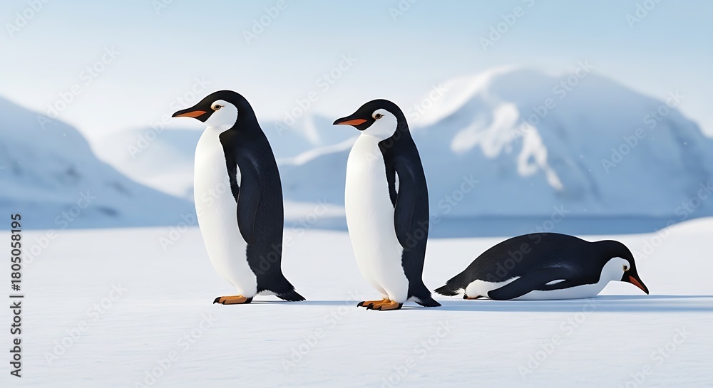 Fototapeta premium Three penguins standing and resting against a snowy mountain backdrop