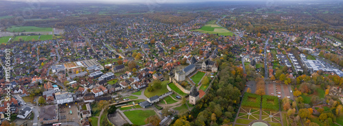 An aerial panorama view above the old town of the city Bad Bendheim on a sunny autumn day in Germany