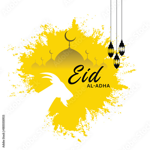 Vibrant eid aladha celebration design with mosque, goat silhouette, and lantern