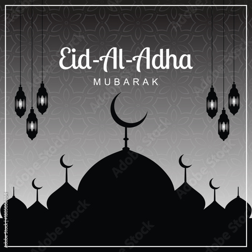 Elegant eid aladha mubarak greeting card with mosque silhouette, crescent moon, and hanging lanterns