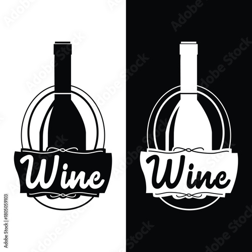 Stylish wine logo with bottle and banner, divided between black and white