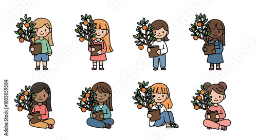Children holding potted citrus trees, various poses